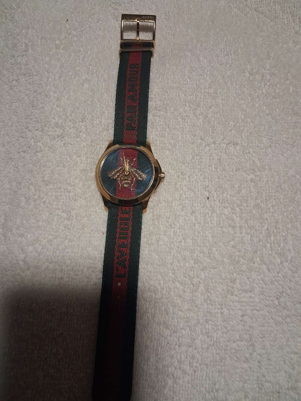 Gucci G timeless Swiss Gold-Tone Bee Dial Watch with Green and Red Stripe Strap